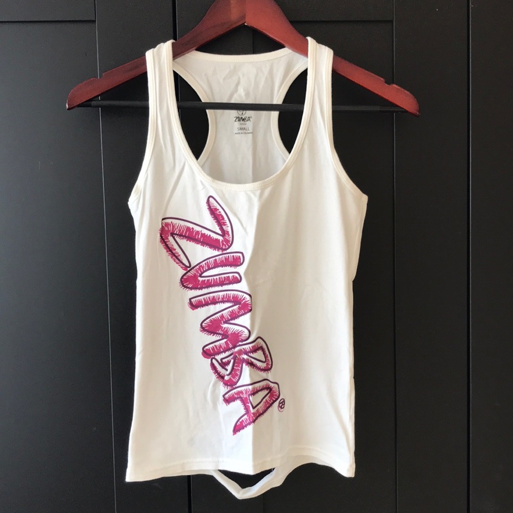Zumba tank top white w/ pink lettering